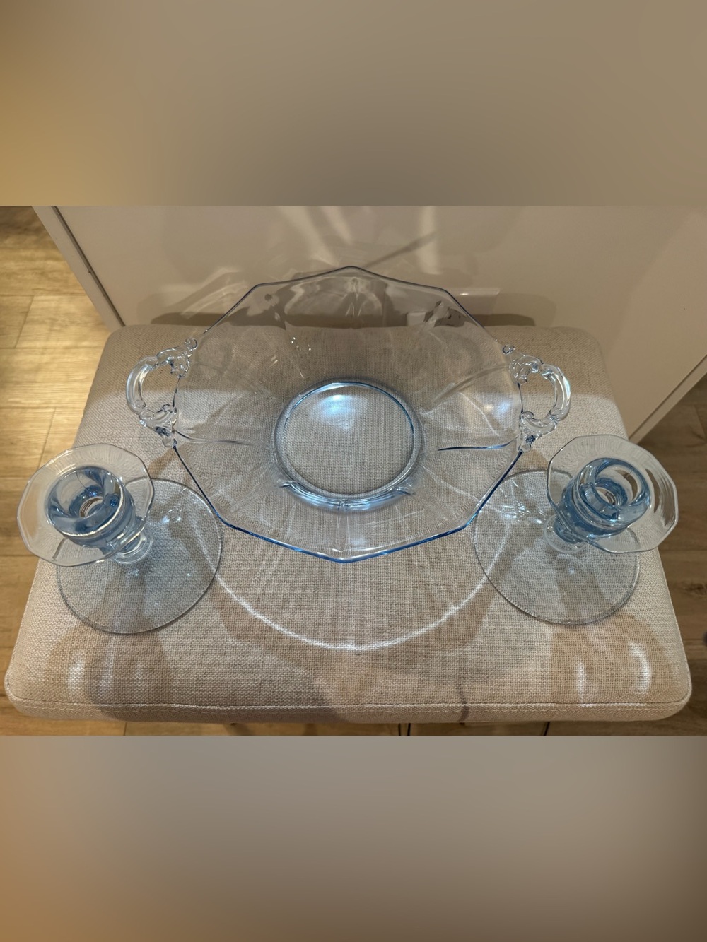 Vintage Circle Serving Bowl W/Candleholders ~ Beautiful ~ Clear Aqua Blue Glass